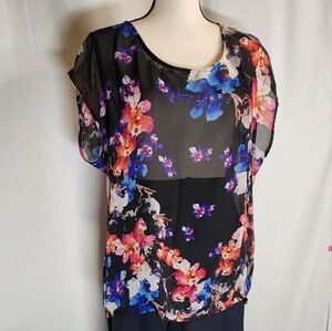 NY Collection Black Floral Sheer Flutter Sleeve Blouse